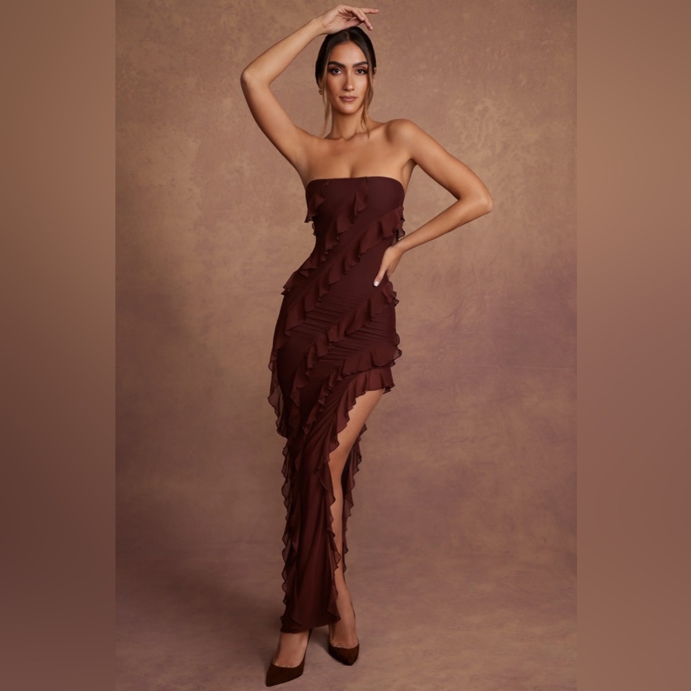 Oh Polly Nevali Bandeau Ruffle Detail Maxi Dress in Brown Size 4